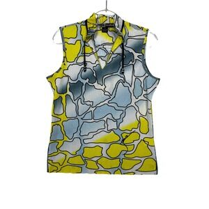 Jamie Sadock Womens Sleeveless Golf Top Abstract Print Pleated Yellow Blue M